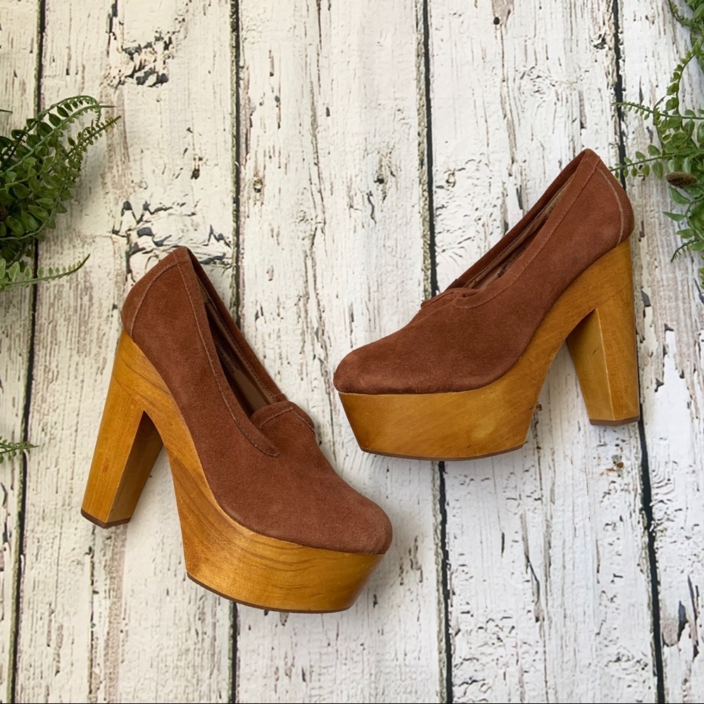 Kimchi Blue Wood Platform Heels Mauve Leather 8.5